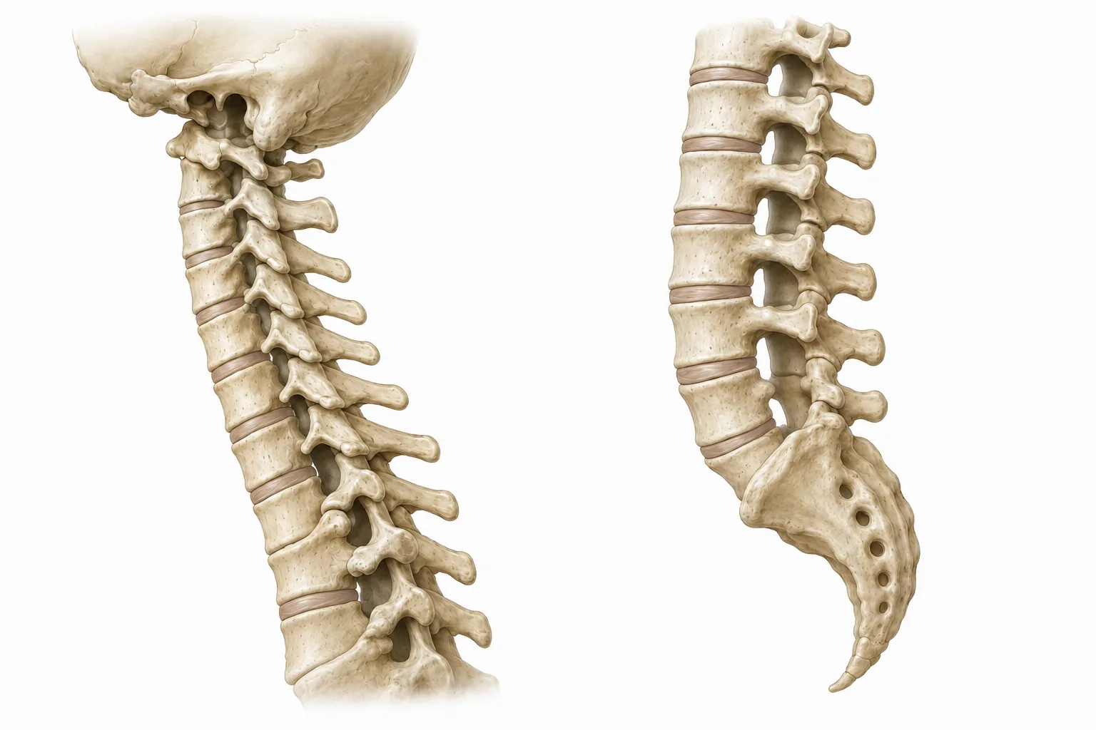 Representação esquemática das regiões cervical e lombar da coluna, em vista lateral