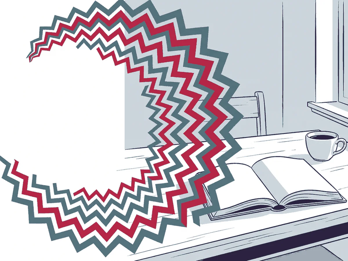 Ilustração de aura visual em zigue-zague sobre uma mesa com livro e xícara